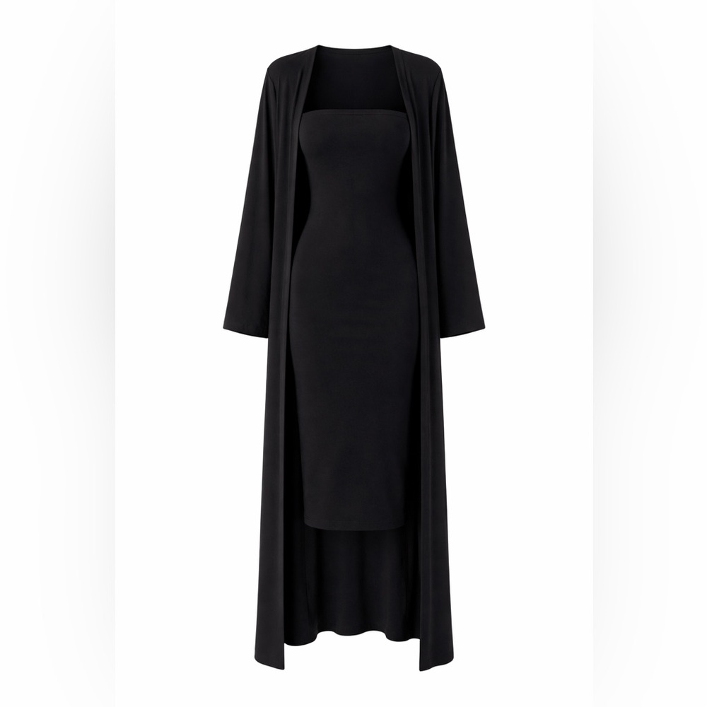 Two-Piece Black Tube Dress Set with Long Kimono Jacket